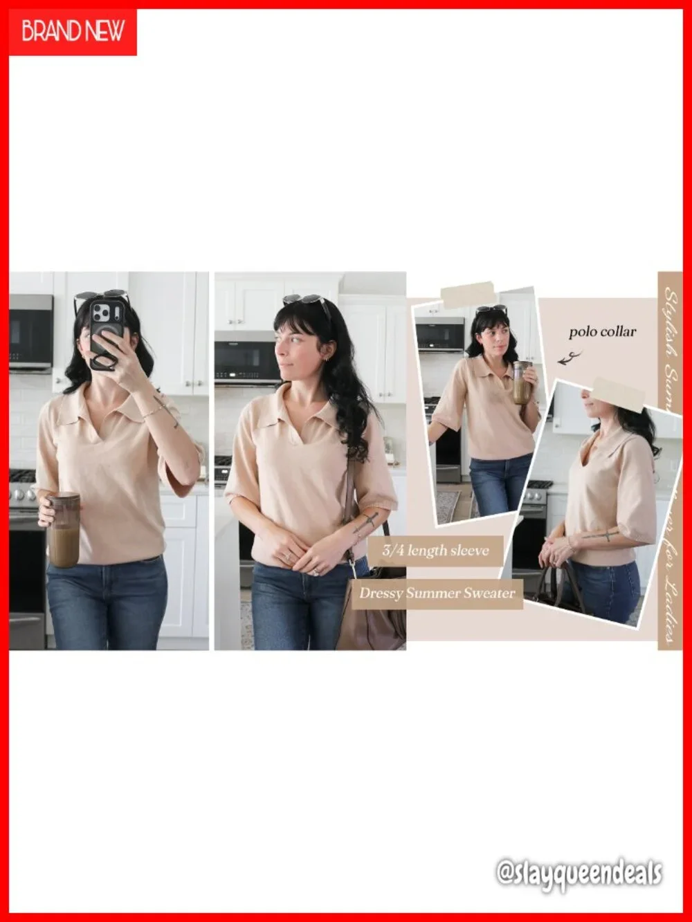 Women's Knit Polo Sweater with 3/4 Sleeve
